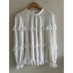Just Me Laced Ruffle Blouse Small Long Sleeves White Boho Coquette Victorian